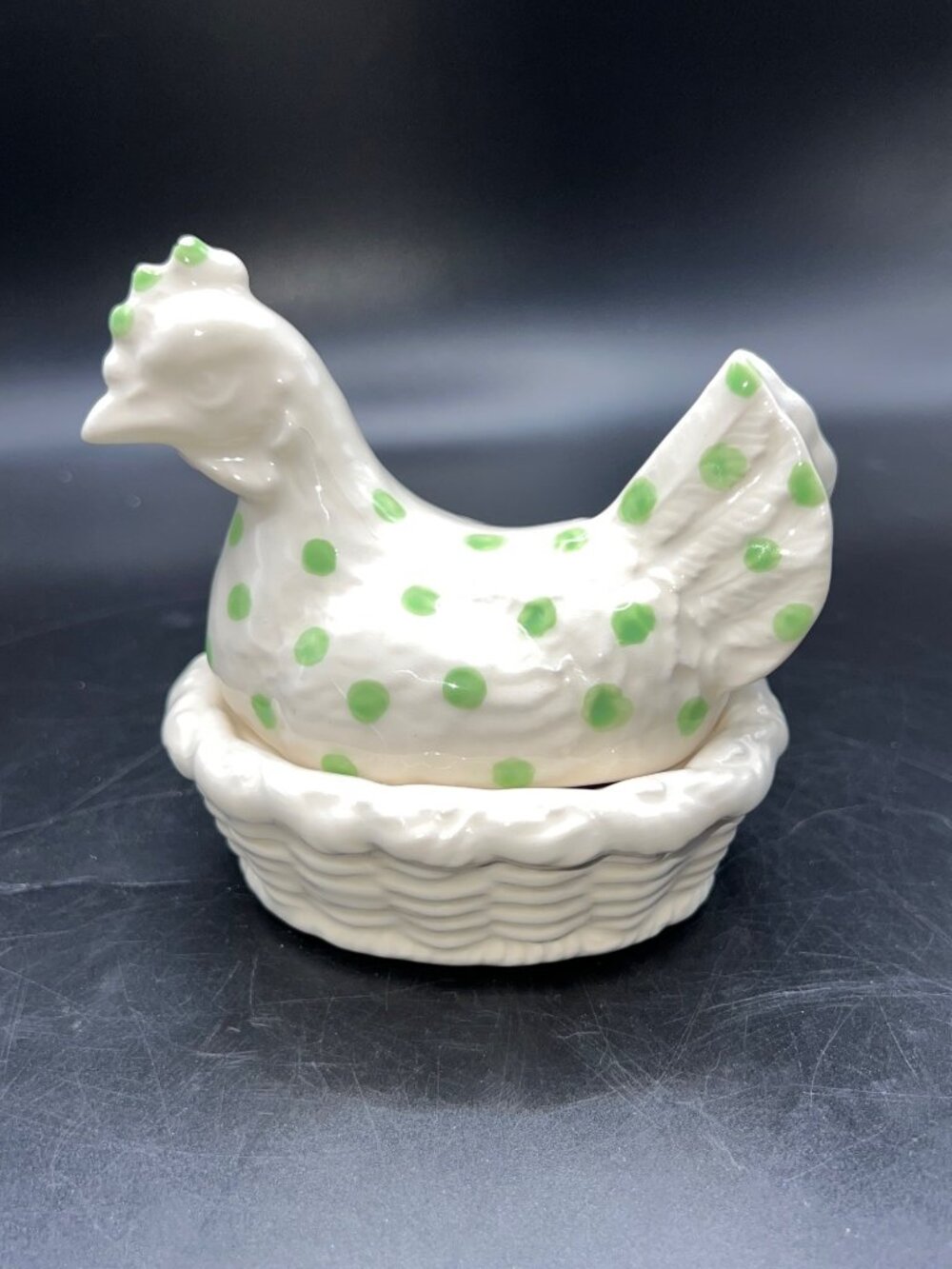 Rare Ceramic Bordallo Pinheiro Portugal Green Polka Dots Hen on Nest Vintage